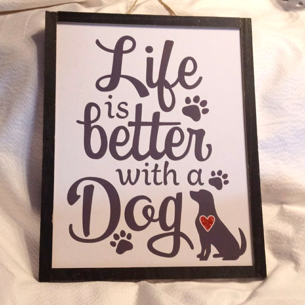 DOG LOVE. LIFE IS BETTER WITH A DOG. SIGN. GLITTER HEART - Picture 1 of 3